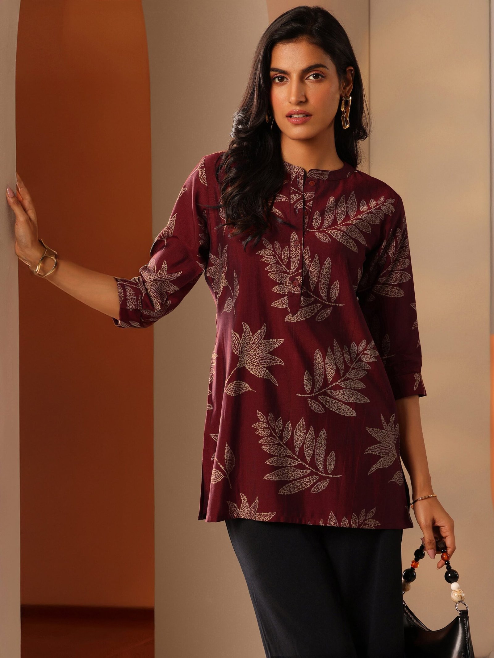 Maroon Printed Silk Blend Straight Shor...