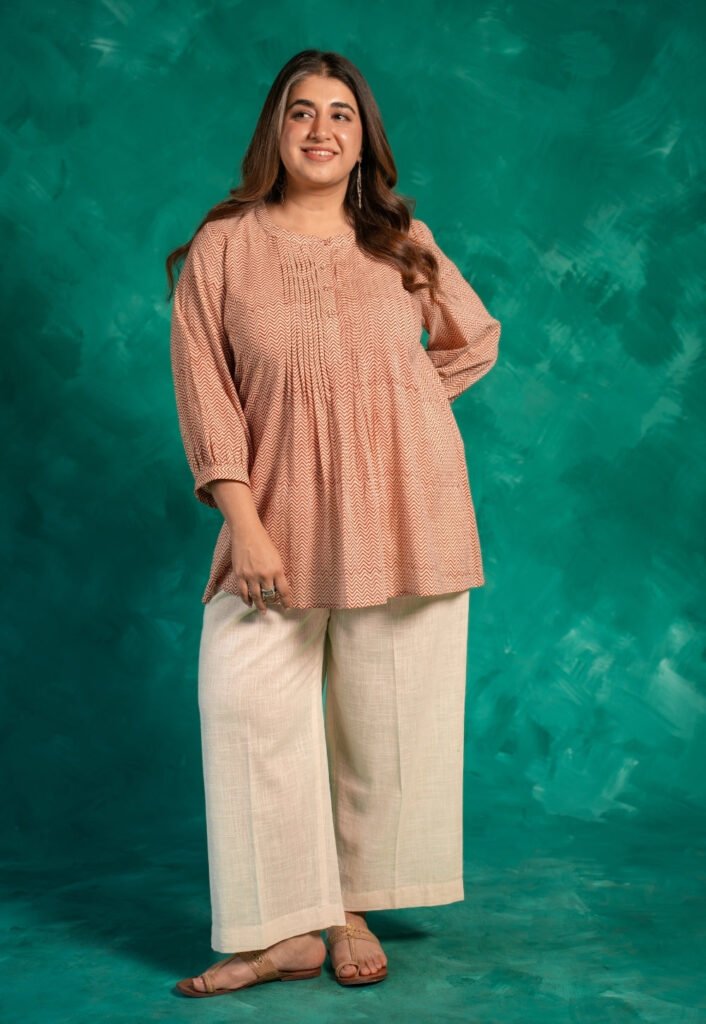 Faria Red Bagru Cotton A Line Short Top by The Indian Ethnic Co., South Asian ethnic wear