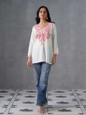 Women’s White Kashmiri Aari Embroidered Red Floral Short Kurti – Casual & Office Wear