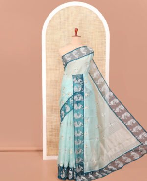 Blue Tissue Saree, Majestically Detailed With Checks And Floral Embroidery, A Contrast Peacock Border, Matching Blouse by Pothys, South Asian ethnic wear