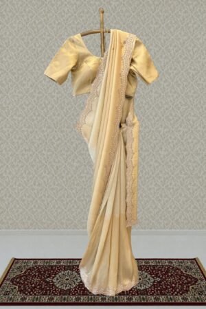 Chiku Saree With Pearl, Zari And Sequins Work by Seasons Chennai, South Asian ethnic wear