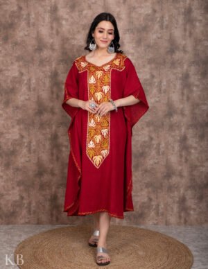 Long Neck Maroon Embroidered Summer Cotton Kaftan by Kashmir Box, South Asian ethnic wear