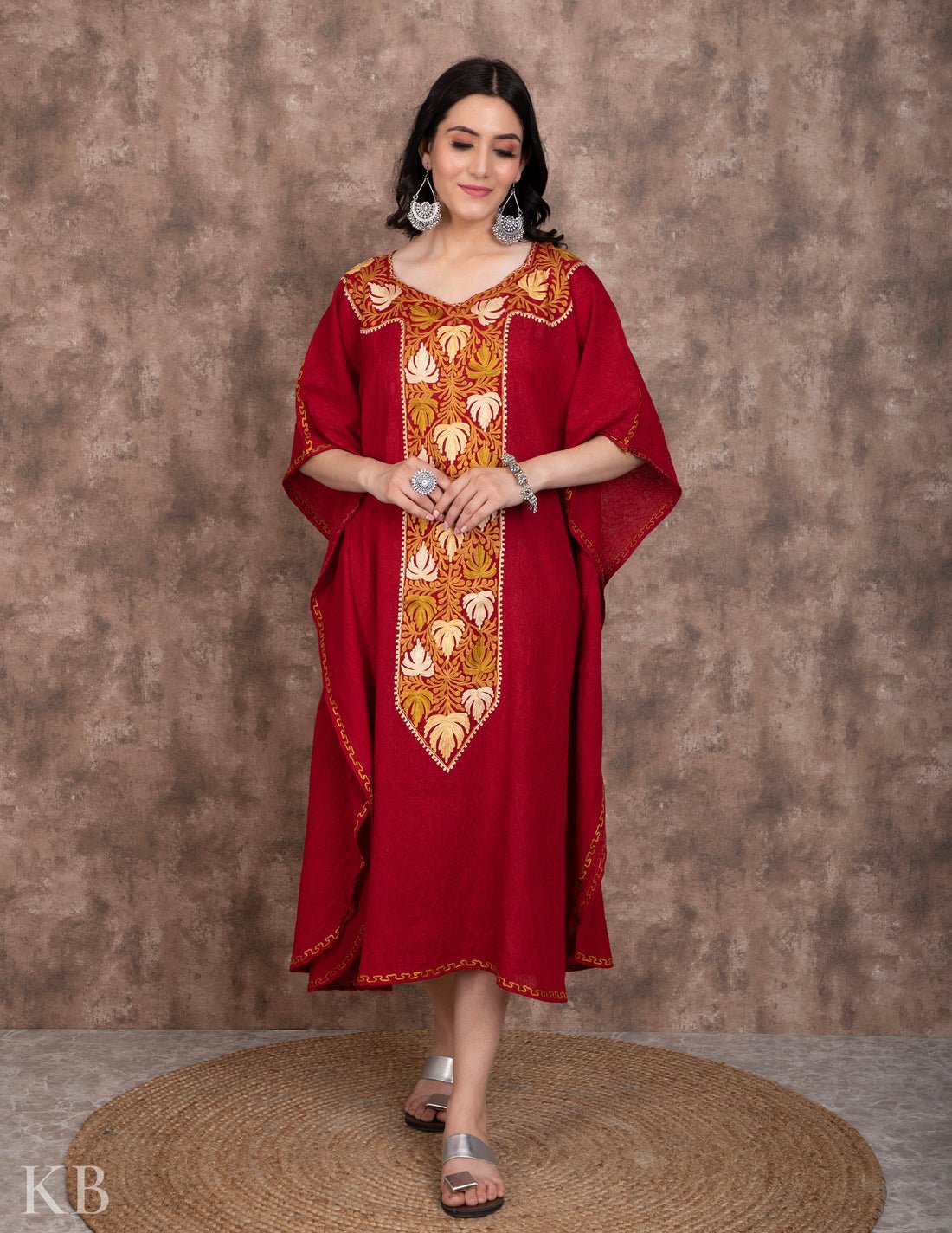 Long Neck Maroon Embroidered Summer Cotton Kaftan by Kashmir Box, South Asian ethnic wear