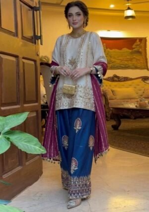 Blue Embroidery Silk Blend Salwar Kameez