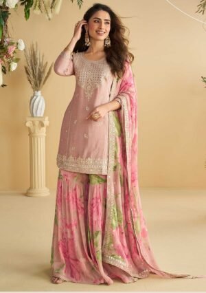 Pink Embroidered Chinon Sharara Set