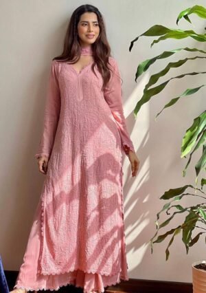 Pink Chikankari Embroidery Work Georgette Kurta Set