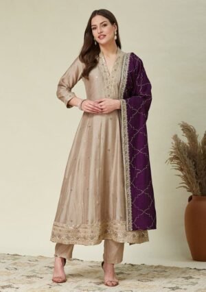 Cream Embroidered Silk Blend Anarkali Set