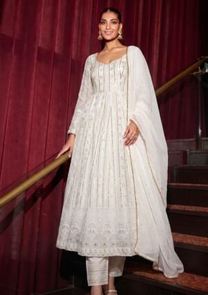 Off White Chikankari Blended Anarkali Set