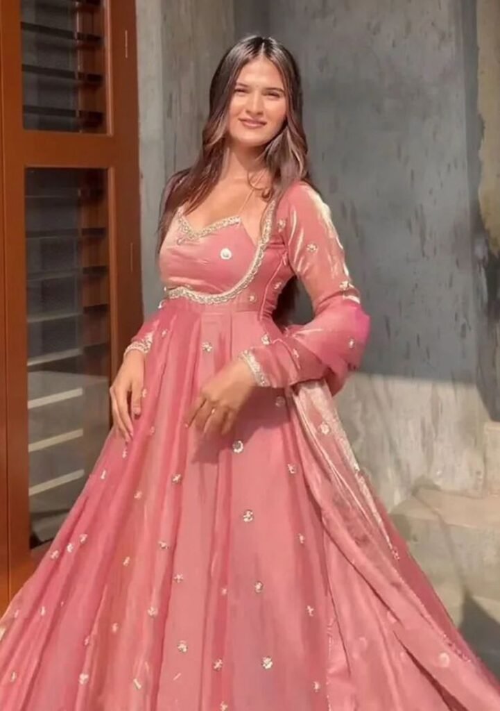 Peach Embroidered Silk Blend Anarkali Set by Indya, South Asian ethnic wear