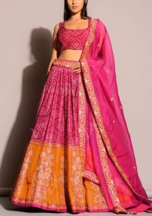 Pink Sequin Work Silk Blend Lehenga Set by Indya, South Asian ethnic wear