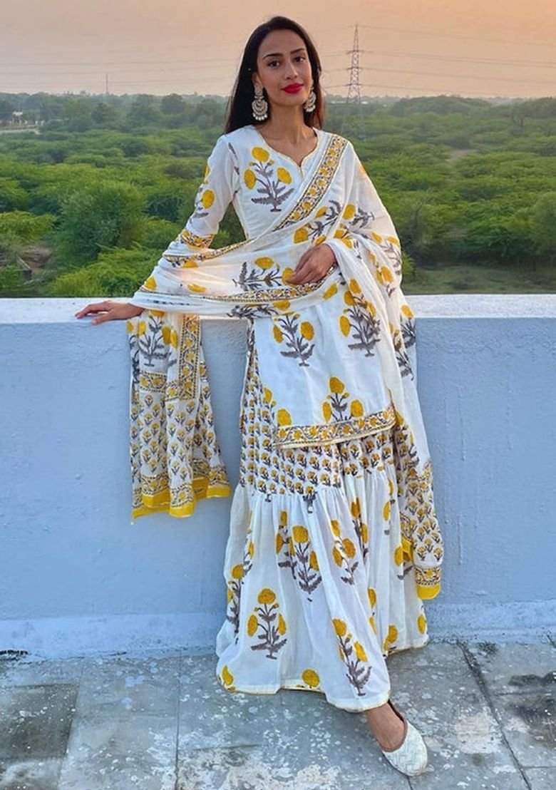 White Floral Print Cotton Anarkali Set by Indya, South Asian ethnic wear