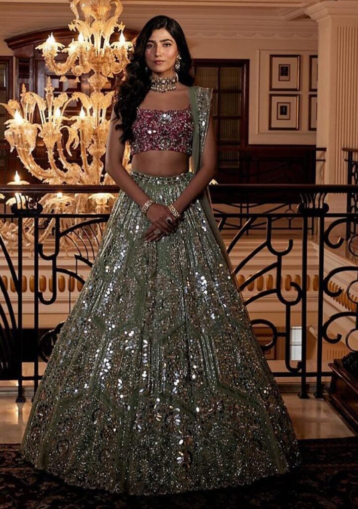 Multi Color Sequence Embroidery Georgette Lehenga Set With Dupatta by Indya, South Asian ethnic wear