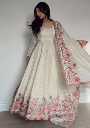 Off White Embroidered Silk Blend Anarkali Set