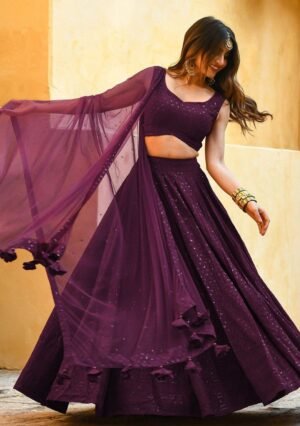 Purple Embroidered Georgette Lehenga Set With Dupatta by Indya, South Asian ethnic wear