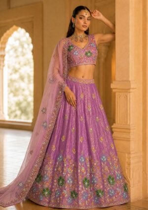Lilac Sequence Embroidery Work Fendy Silk Blend Lehenga Set