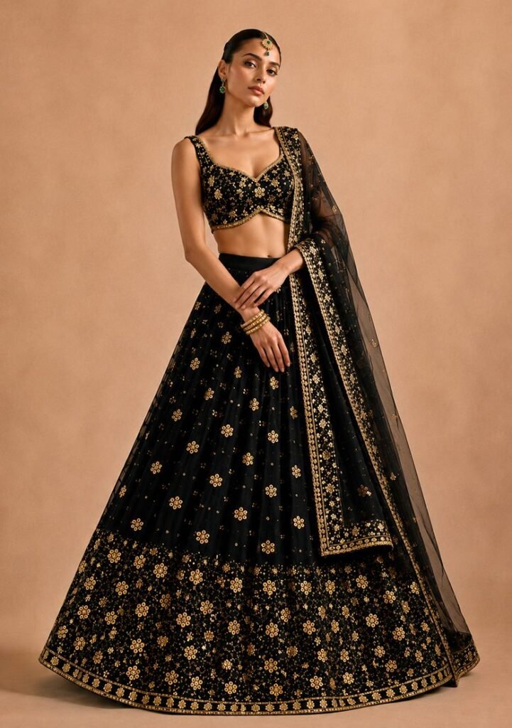 Black Embellished Georgette Lehenga Set by Indya, South Asian ethnic wear