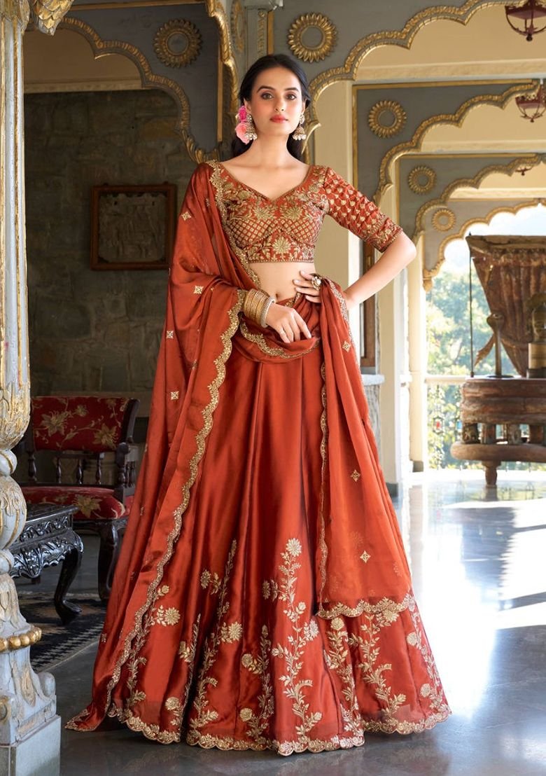 Orange Embroidered Rangoli Silk Blend Lehenga Set With Dupatta