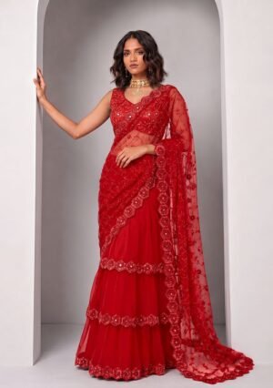 Red Embroidered Georgette Saree Set by Indya, South Asian ethnic wear