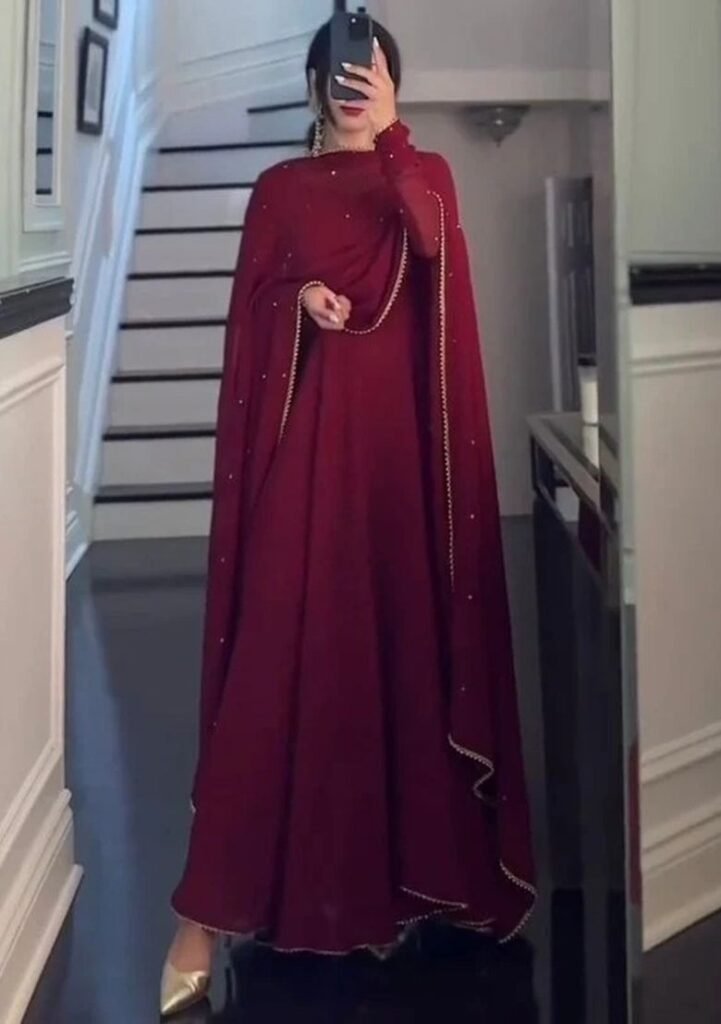 Maroon Embellished Georgette Anarkali With Dupatta by Indya, South Asian ethnic wear