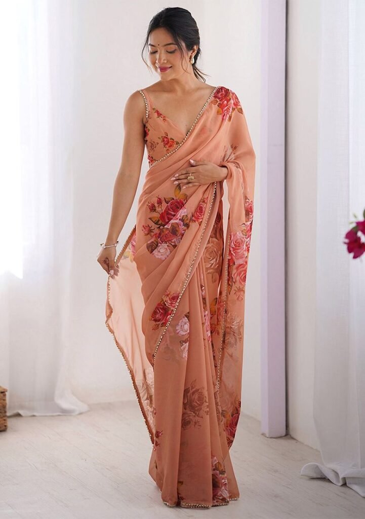 Peach Embroidery Silk Blend Saree Set by Indya, South Asian ethnic wear