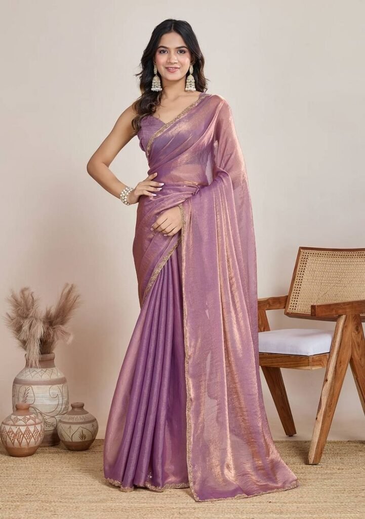 Lilac Handwork Lace Fendy Chiffon Saree Set by Indya, South Asian ethnic wear