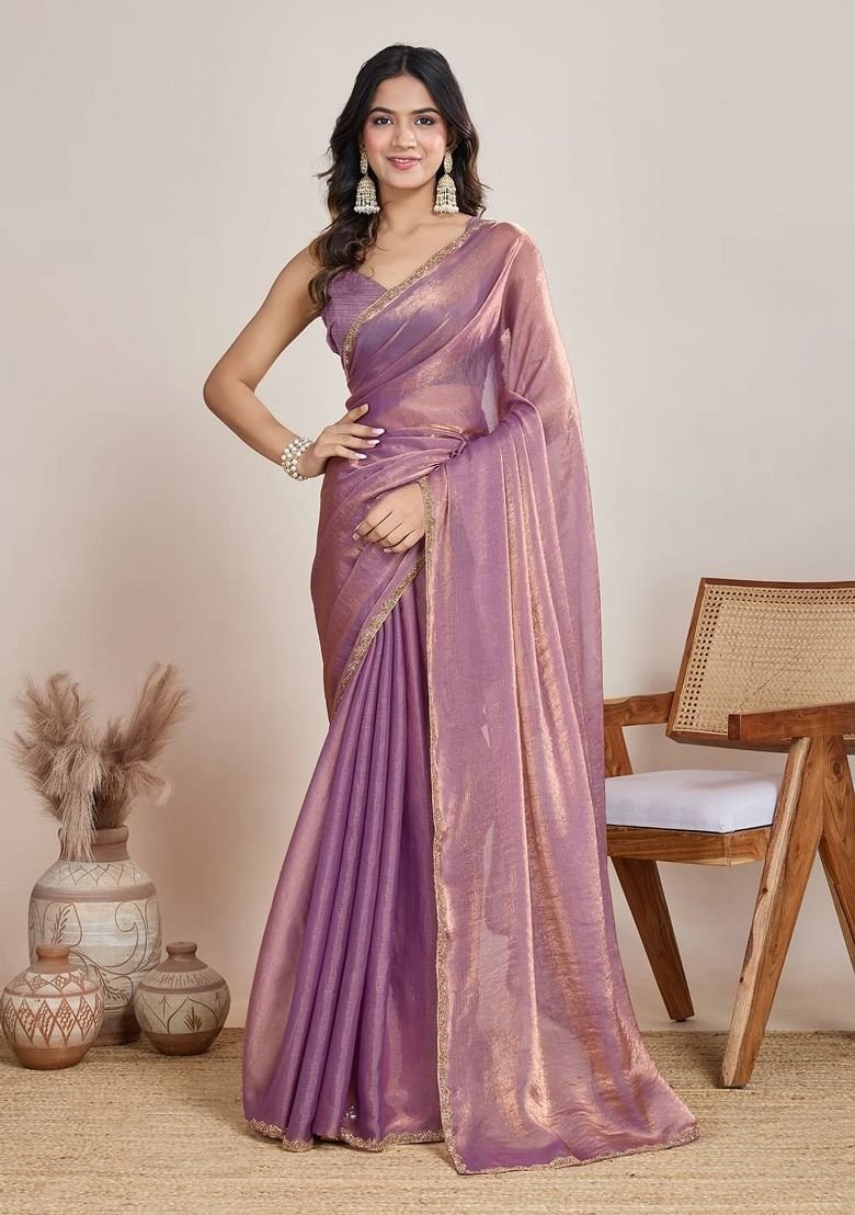 Lilac Handwork Lace Fendy Chiffon Saree Set by Indya, South Asian ethnic wear