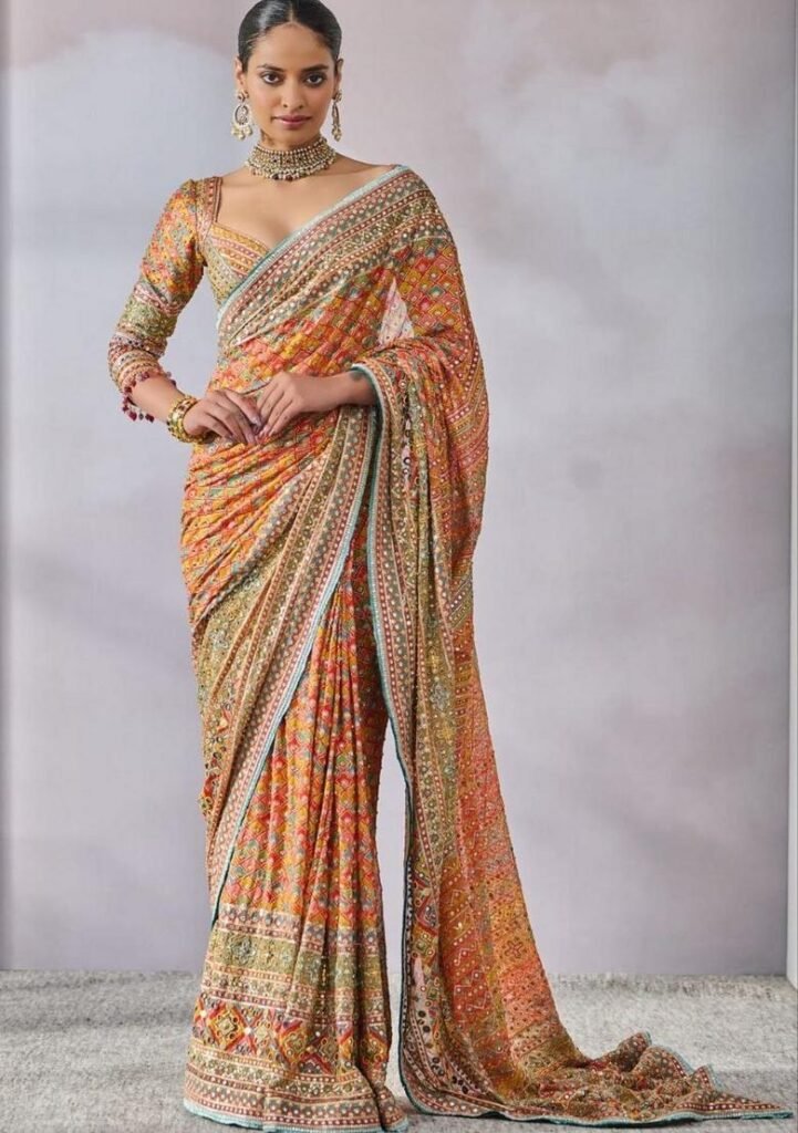 Light Yellow Printed Silk Blend Saree Set by Indya, South Asian ethnic wear