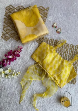 Yellow Embroidered Organza Saree Set by Indya, South Asian ethnic wear
