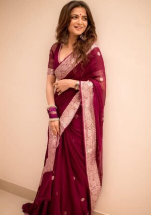 Maroon Weaving Silk Blend Saree Set
