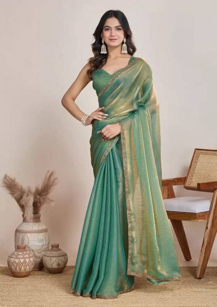 Light Green Handwork Lace Fendy Chiffon Saree Set by Indya, South Asian ethnic wear