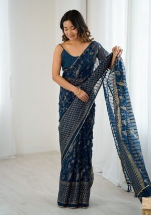 Morpeach Embroidery Silk Blend Saree Set