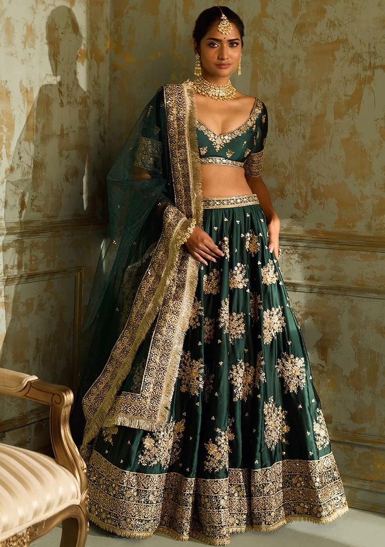 Green Sequence Embroidered Silk Blend Lehenga Set With Dupatta by Indya, South Asian ethnic wear