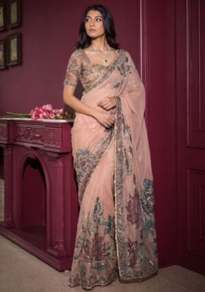 Beige Solid Georgette Saree Set
