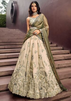 Beige Embroidery Silk Blend Lehenga Set