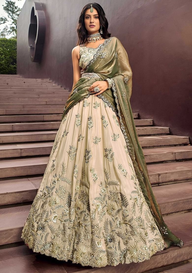 Beige Embroidery Silk Blend Lehenga Set