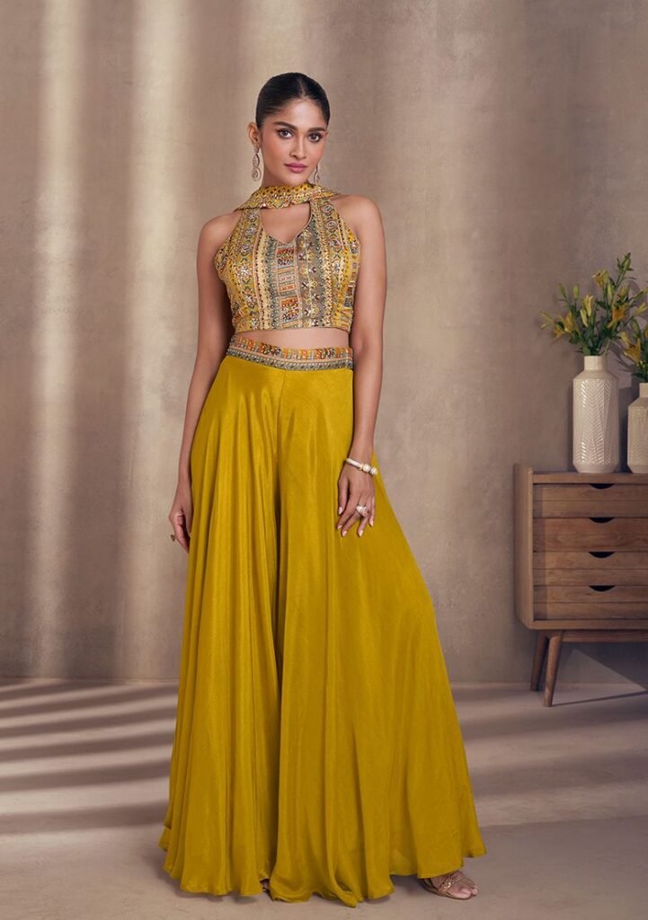 Mustard Embroidered Chinon Sharara Set by Indya, South Asian ethnic wear