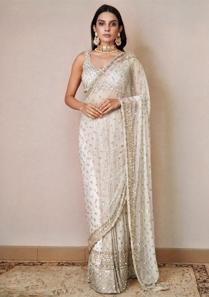 Off White Embroidered Soft Net Saree Set by Indya, South Asian ethnic wear