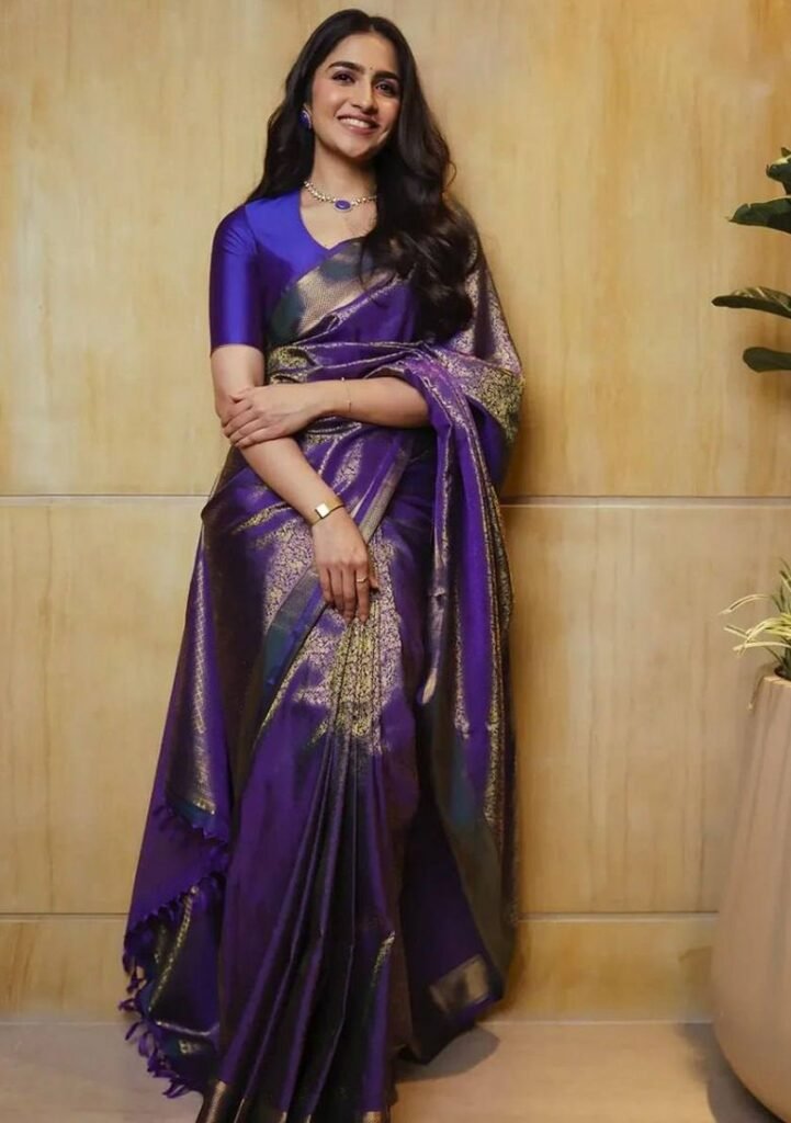 Purple Jacquard Work Soft Lichi Silk Saree Set by Indya, South Asian ethnic wear