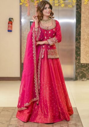 Pink Embroidered Silk Blend Lehenga Set