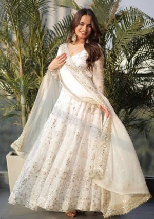 White Embroidered Georgette Anarkali Set