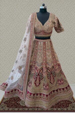 Maroon With Chiku Sequins, Beads, Zari And Stone Work Crop Top Designer Bridal Lehenga by Seasons Chennai, South Asian ethnic wear