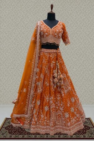Orange Royal Heritage Motif Wedding Lehenga by Seasons Chennai, South Asian ethnic wear
