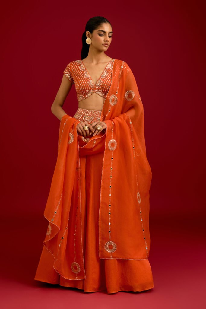 Orange Embroidered Gajji & Cotton Silk Lehenga Set by Devnaagri, South Asian ethnic wear
