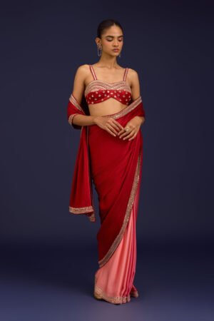 Blush Pink Embroidered Modal Satin Saree Set by Devnaagri, South Asian ethnic wear