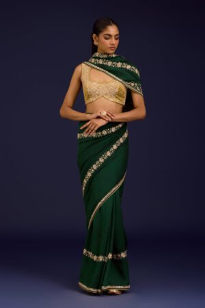 Green Embroidered Chinniya Silk Saree Set by Devnaagri, South Asian ethnic wear