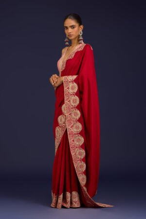 Red Embroidered Chinniya Silk Saree Set by Devnaagri, South Asian ethnic wear