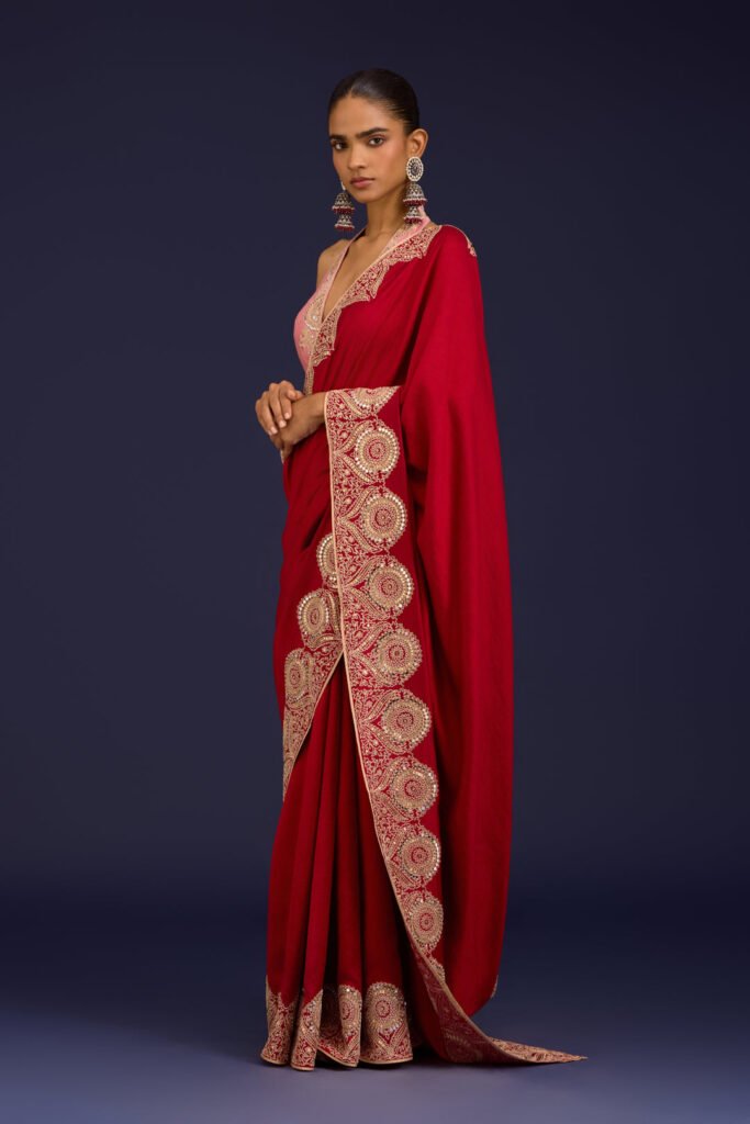 Red Embroidered Chinniya Silk Saree Set by Devnaagri, South Asian ethnic wear