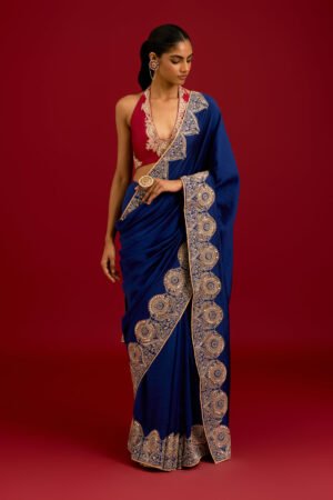 Navy Blue Embroidered Chinniya Silk Saree Set by Devnaagri, South Asian ethnic wear