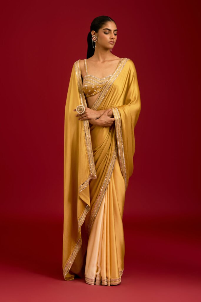 Mustard Embroidered Modal Satin Saree Set by Devnaagri, South Asian ethnic wear