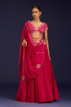 Fuchsia Embroidered Gajji & Cotton Silk Lehenga Set by Devnaagri, South Asian ethnic wear